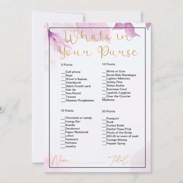 What's In Your Purse Pink Floral Bridal Shower Invitation (Front)