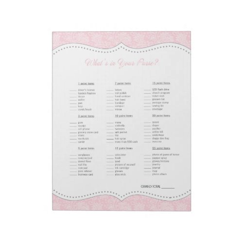 Whats in your purse Pink Grey Damask shower game Notepad