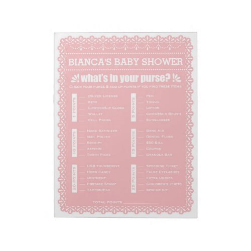 Whats In Your Purse Pink Papel Picado Baby Shower Notepad