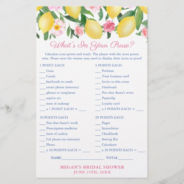 What's In Your Purse Positano Lemons Game Card Flyer (Front)