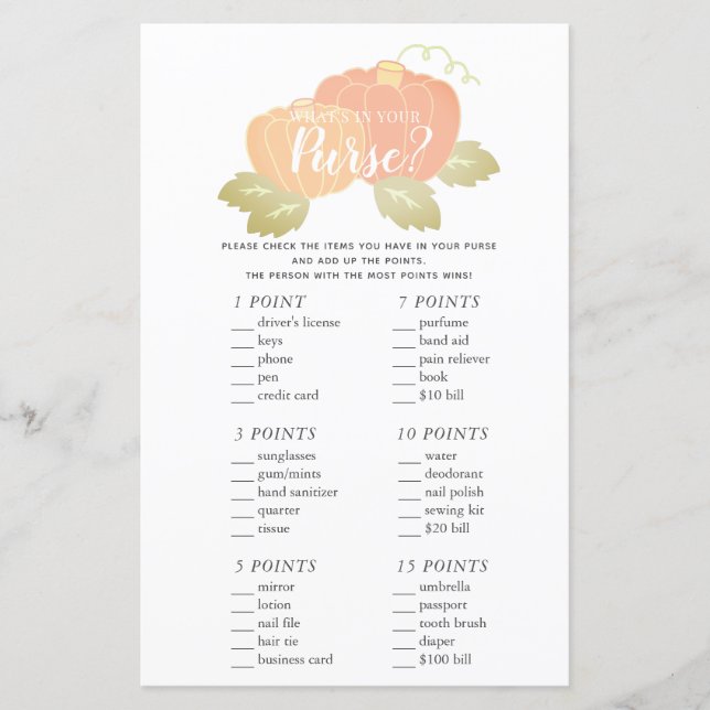 What's in Your Purse Pumpkin Baby Shower Game (Front)