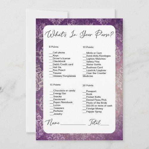 Whats In Your Purse Purple Damask Bridal Shower Invitation