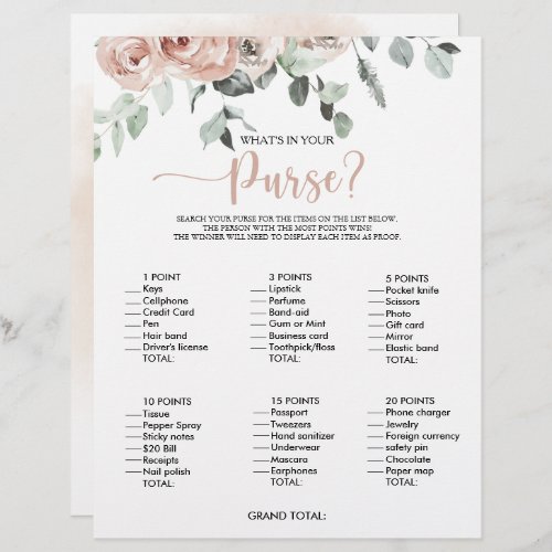 Whats in your Purse Rose Bridal Shower Game