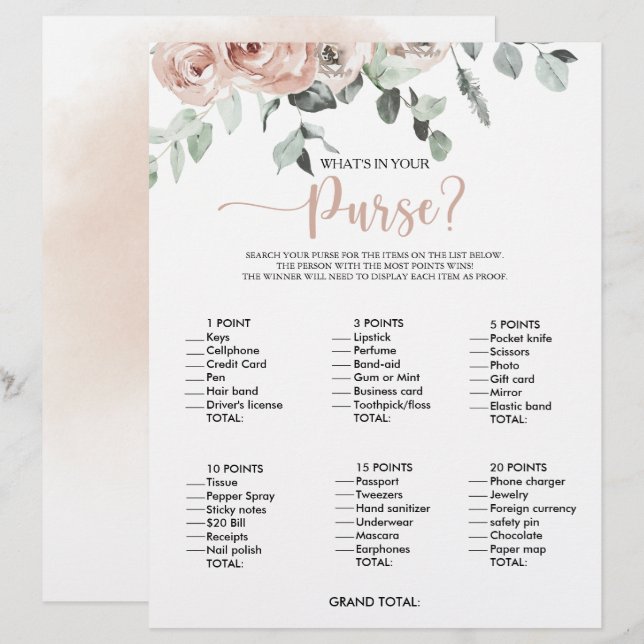 What's in your Purse Rose Bridal Shower Game (Front/Back)