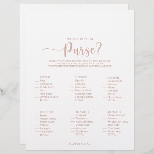 Whats in your Purse Rose Gold Bridal Shower Game