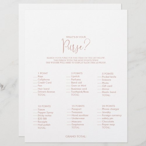 Whats in your Purse Rose Gold Bridal Shower Game