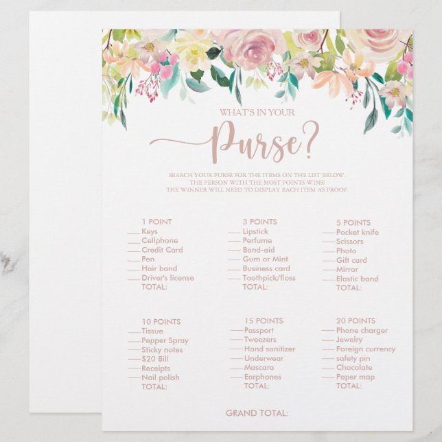 What's in your Purse Rose Gold Bridal Shower Game (Front/Back)