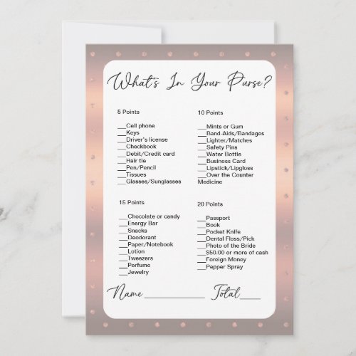 Whats In Your Purse Rose Gold Dot Bridal Shower Invitation