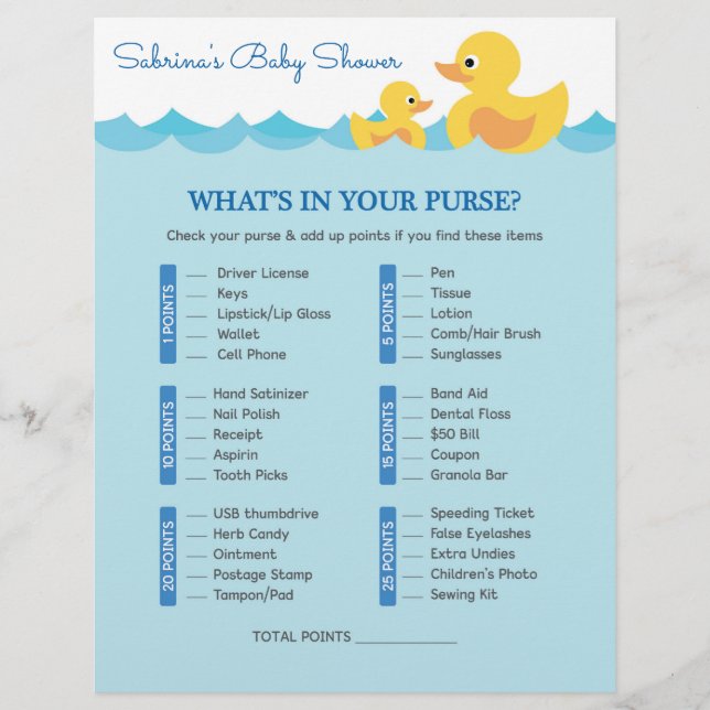 What's In Your Purse Rubber Duck Baby Shower Game (Front)