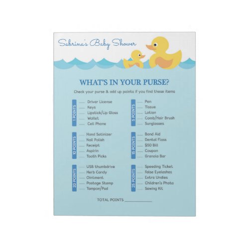 Whats In Your Purse Rubber Duck Baby Shower Game Notepad
