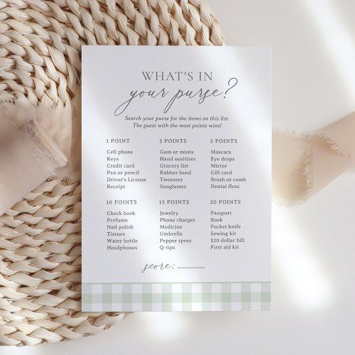 Whats in Your Purse Sage Gingham Baby Shower Game Invitation