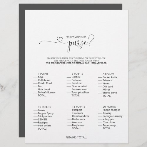Whats in your Purse Script Bridal Shower Game