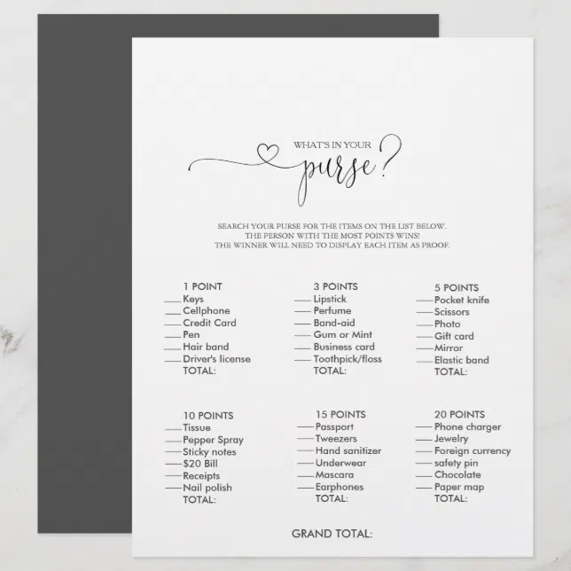What's in your Purse Script Bridal Shower Game | Zazzle