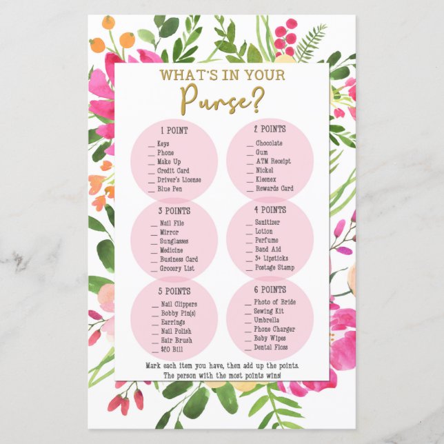 What's In Your Purse Shower Game, Bridal Shower (Front)