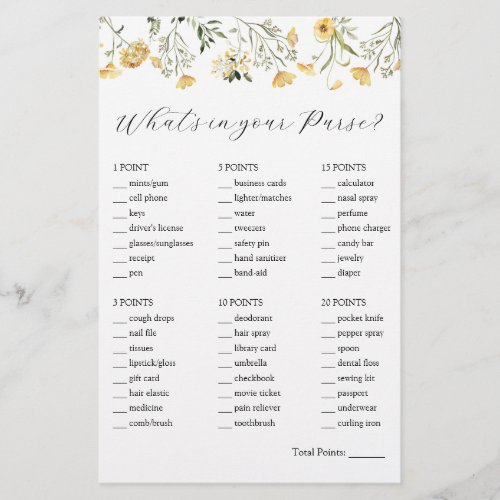 Whats in Your Purse Shower Game Card
