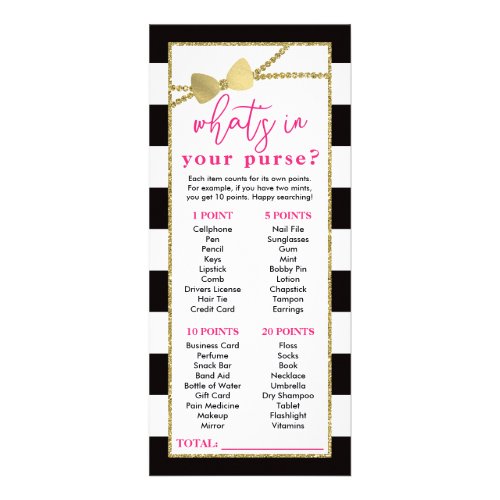 Whats In Your Purse Shower Game Faux Gold Rack Card