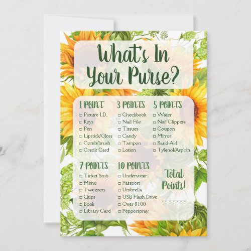 Whats In Your Purse Shower Game Sunflowers Yellow Invitation