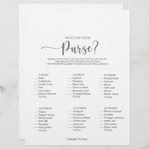 Whats in your Purse Silver Bridal Shower Game