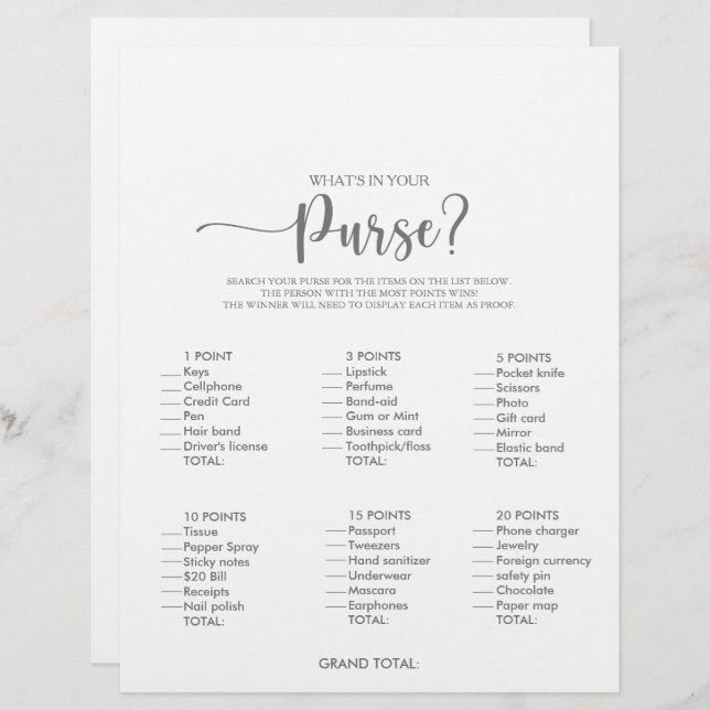 What's in your Purse Silver Bridal Shower Game (Front/Back)