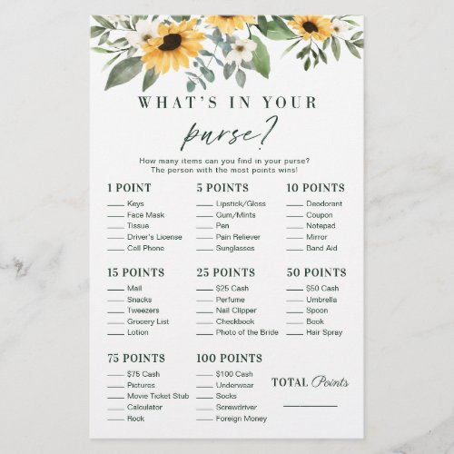 Whats in Your Purse Sunflower Bridal Shower Game
