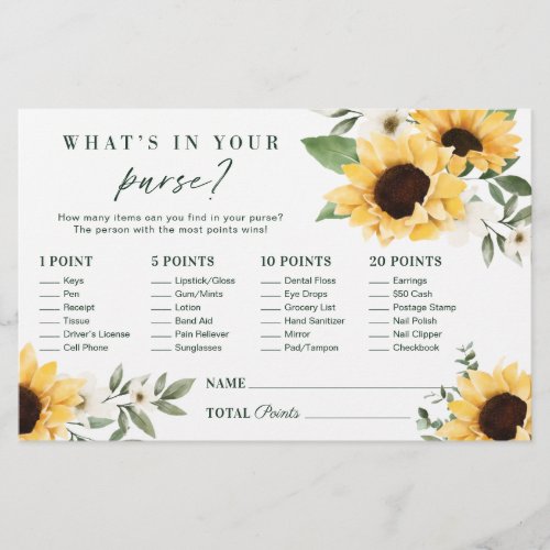 Whats in Your Purse Sunflower Bridal Shower Game