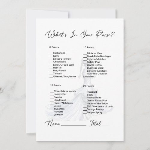 Whats In Your Purse Wedding Dress Bridal Shower Invitation