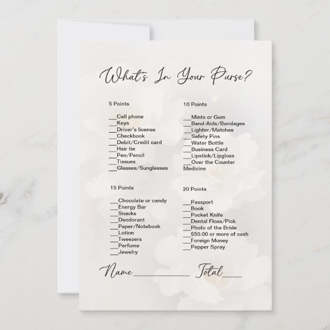 What's In Your Purse White Floral Bridal Shower Invitation (Front)