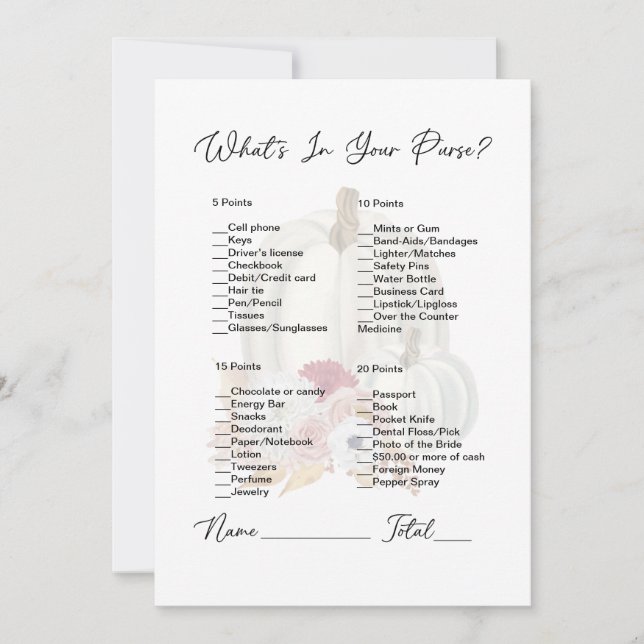 What's In Your Purse White Pumpkin Bridal Shower Invitation (Front)