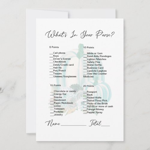 Whats In Your Purse White Pumpkin Bridal Shower Invitation