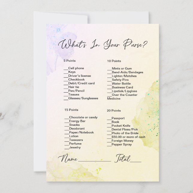 What's In Your Purse Yellow & Purple Bridal Shower Invitation (Front)