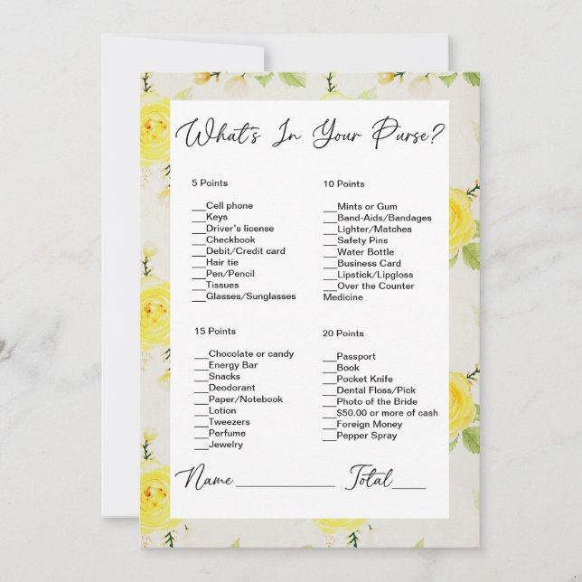 What's In Your Purse Yellow Roses Bridal Shower Invitation (Front)
