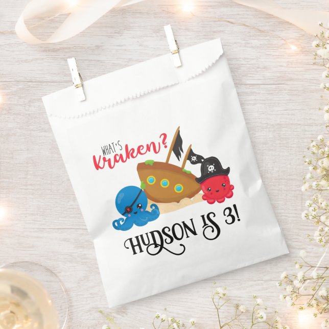 "What's Kraken" Octopus Pirate Children's Birthday Favor Bag (Clipped)