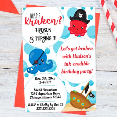 Whats Kraken Octopus Pirate Childrens Birthday Invitation
