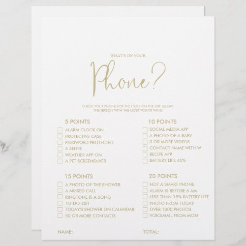 Whats on your Gold Phone Bridal Shower Game