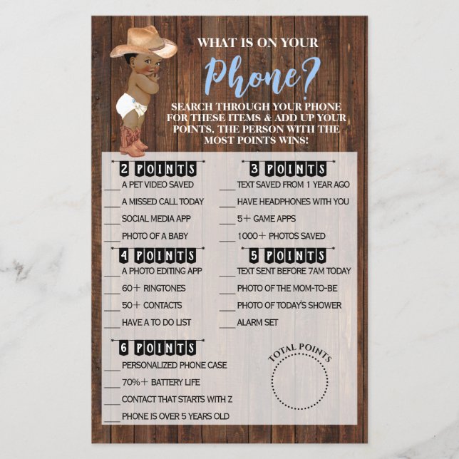 What's on your Phone AA Cowboy Shower Game Card Flyer (Front)