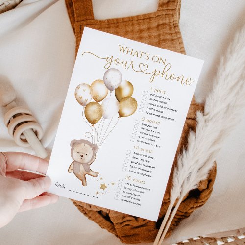 Whats on Your Phone Bear Balloon Baby Shower Game Invitation