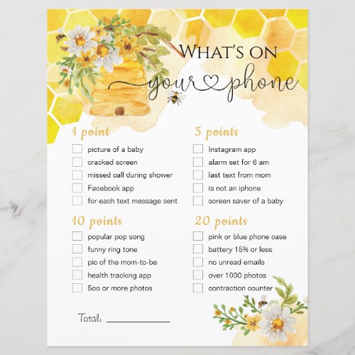 Whats On Your Phone Bee Themed Baby Shower Game
