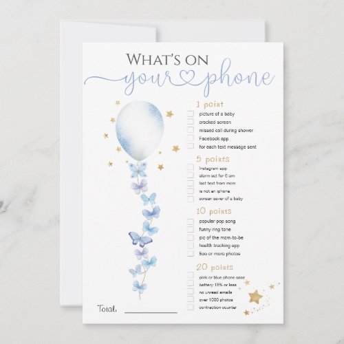Whats on Your Phone Blue Balloon Baby Shower Game Invitation