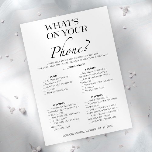 Whats On Your Phone Bridal Shower Game Card