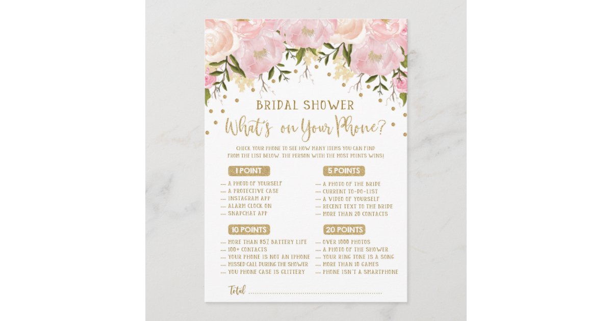 What S On Your Phone Bridal Shower Game Pink Gold Zazzle Com