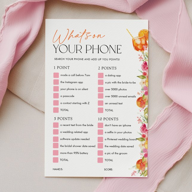 Whats On Your Phone Bridal Shower Game Spritz (What's on your phone? Bridal Shower Citrus Theme | Love at First Spritz | Pink Orange)