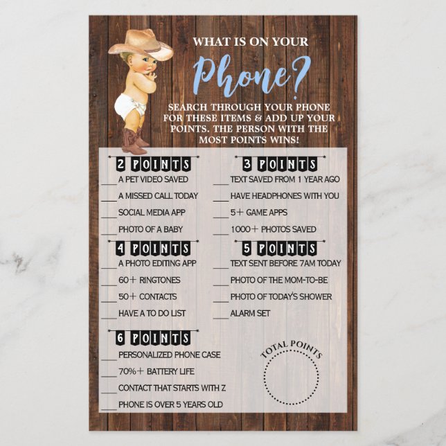 What's on your Phone Cowboy Baby Shower Game Card Flyer (Front)