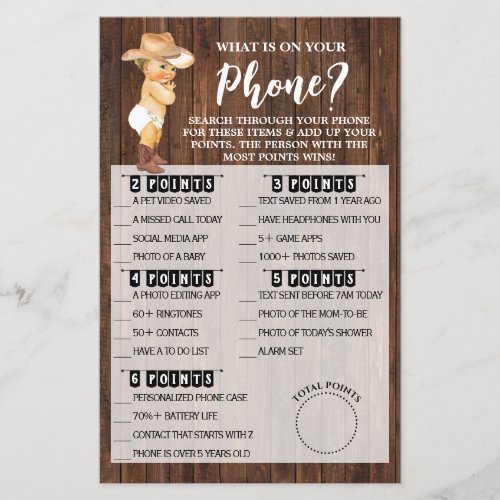 Whats on your Phone Cowboy Baby Shower Game Card Flyer