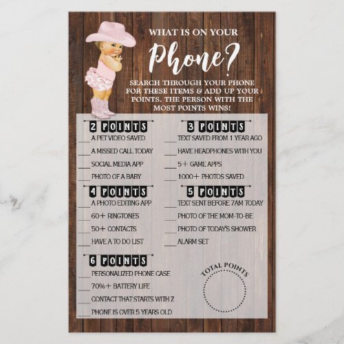 Whats on your Phone Cowgirl Baby Shower Game Card Flyer