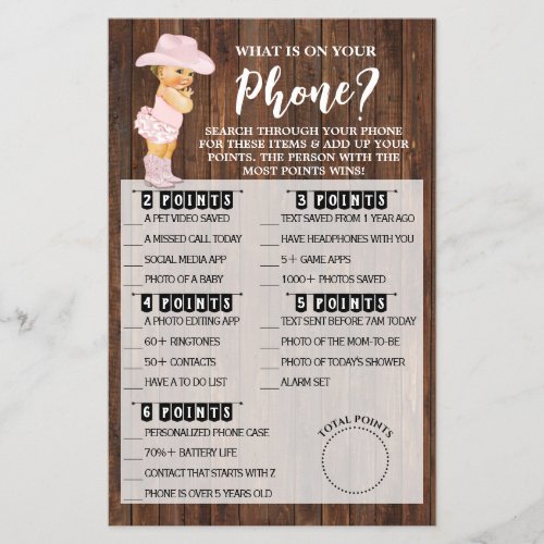 Whats on your Phone Cowgirl Baby Shower Game Card Flyer