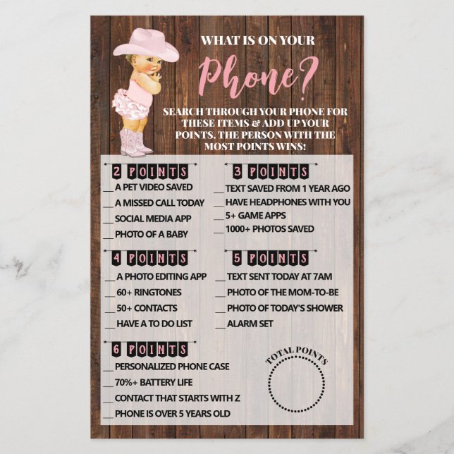 Whats on your Phone Cowgirl Baby Shower Game Card Flyer (Front)