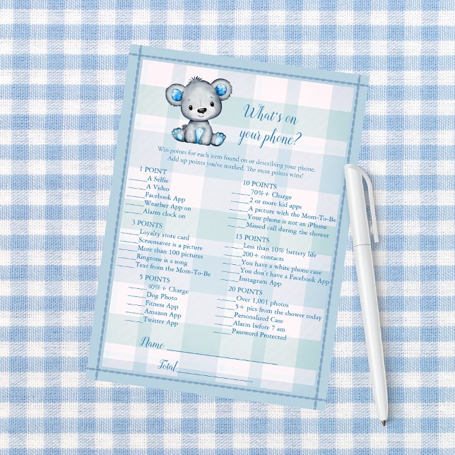 Whats On Your Phone Cute Gray Bear Boy Shower Game Invitation (Creator Uploaded)