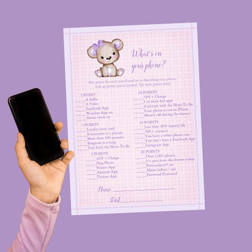 Whats On Your Phone Cute Purple Bear Game Card