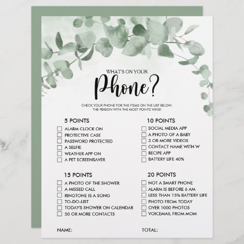 Whats on your Phone Eucalyptus Bridal Shower Game