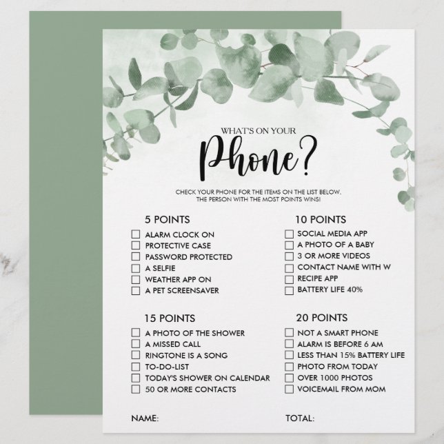 What's on your Phone Eucalyptus Bridal Shower Game (Front/Back)